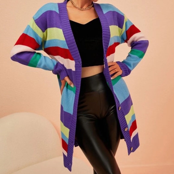 NEW INVENTORY 🎆Rainbow Stripe Pattern Drop Shoulder Cardigan🎆 - Picture 2 of 11